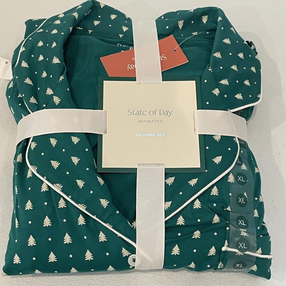 NEW State Of Day Pajama Set Womens XL Green Geo Trees Button Long Sleeve 2 Piece